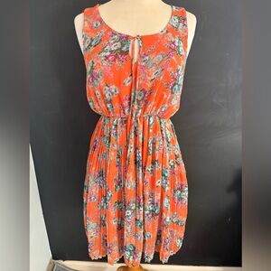 Everly Orange Floral Tie-Front Pleated Maxi Dress Small